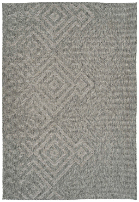 Gray diamond pattern outdoor rug with textured weave for patios