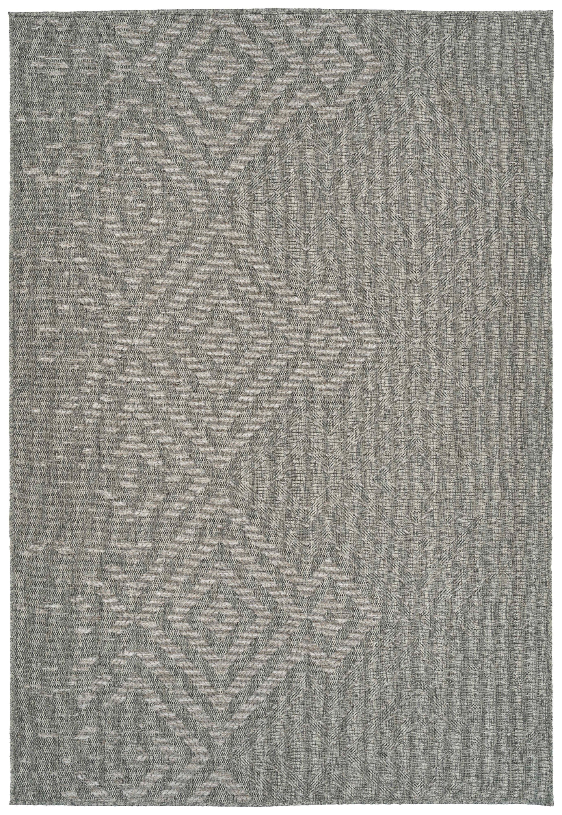 Geometric diamond pattern outdoor rug in grey and beige tones