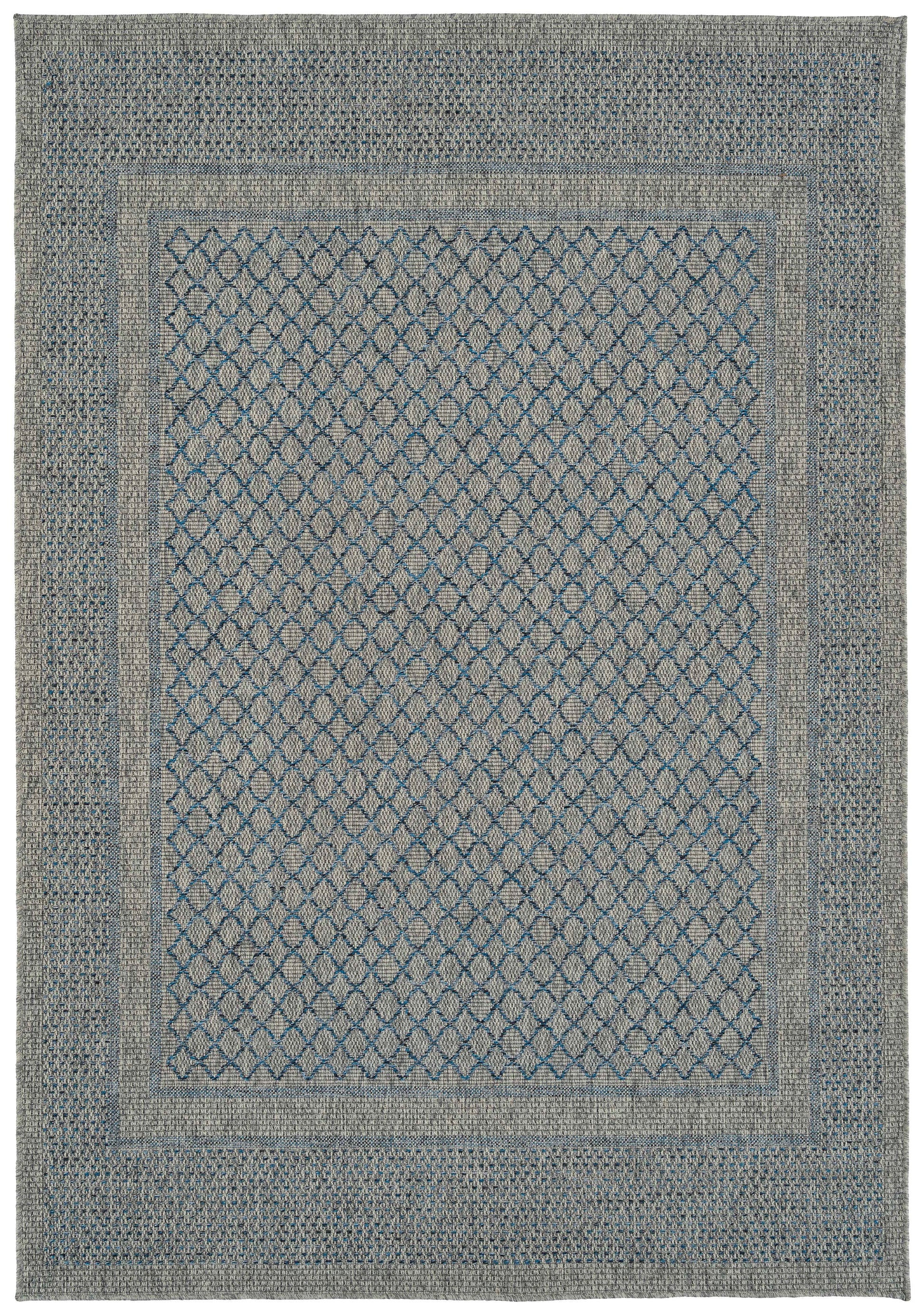 Gray and blue woven area rug with diamond pattern border