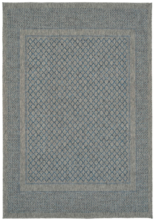 Gray and blue woven area rug with diamond pattern border