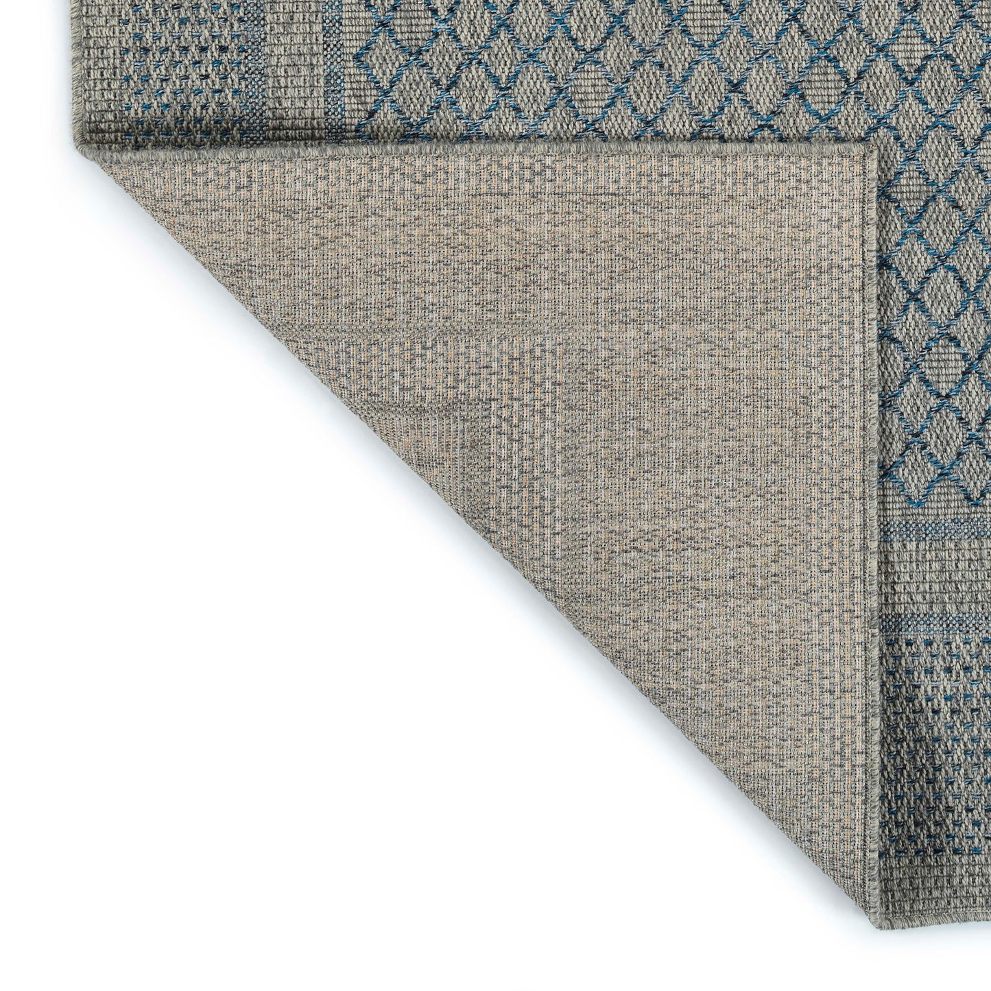 Grey woven rug with a subtle diamond pattern in blue thread