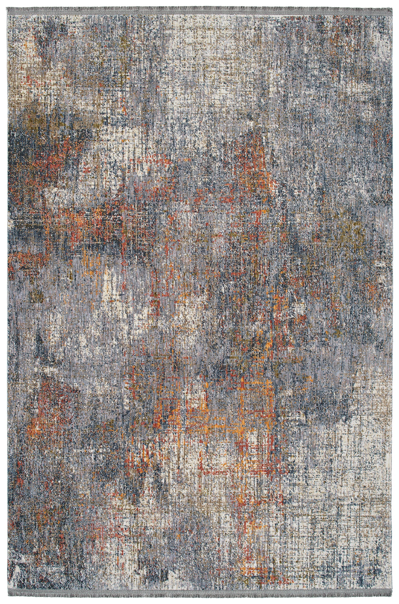 Abstract grey and rust woven area rug with distressed pattern for living room decor