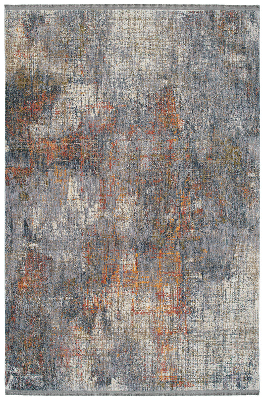 Abstract grey and rust woven area rug with distressed pattern for living room decor