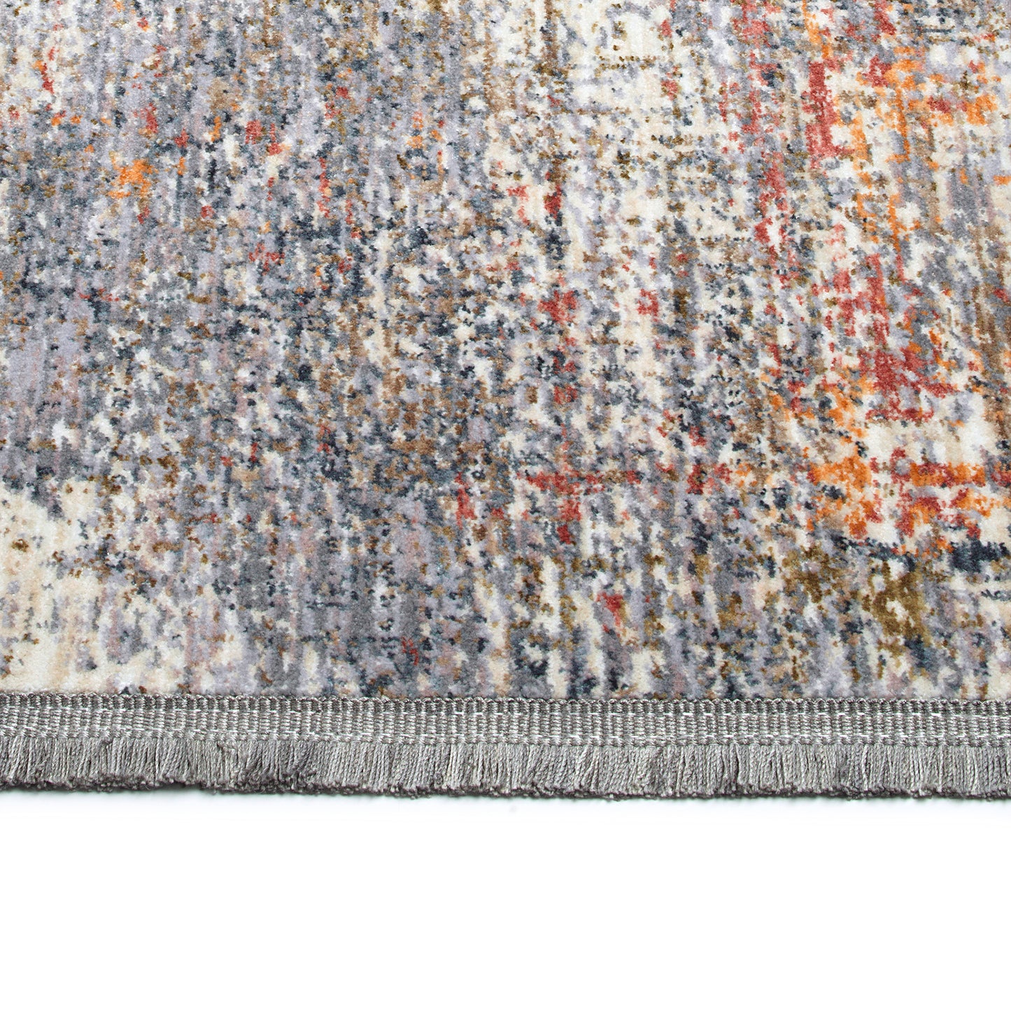 Abstract grey and orange area rug with fringed border