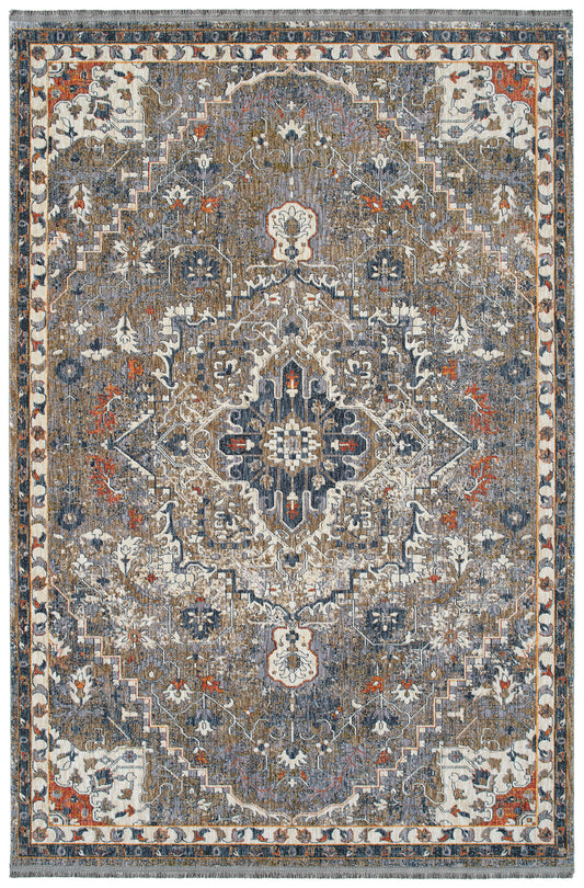 Distressed Oriental area rug with blue brown and cream medallion pattern soft pile for living room