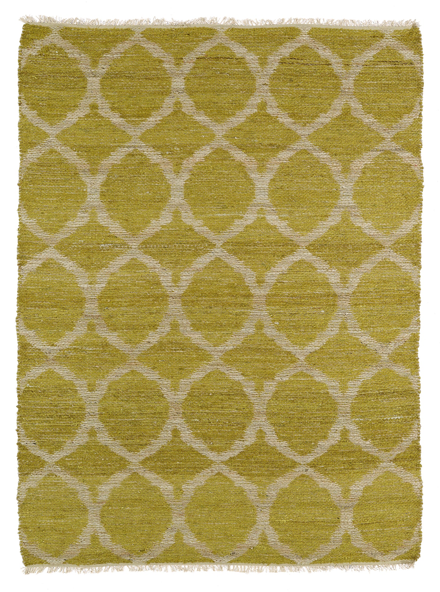 Chunky weave avocado green area rug with offwhite interlocking diamond pattern