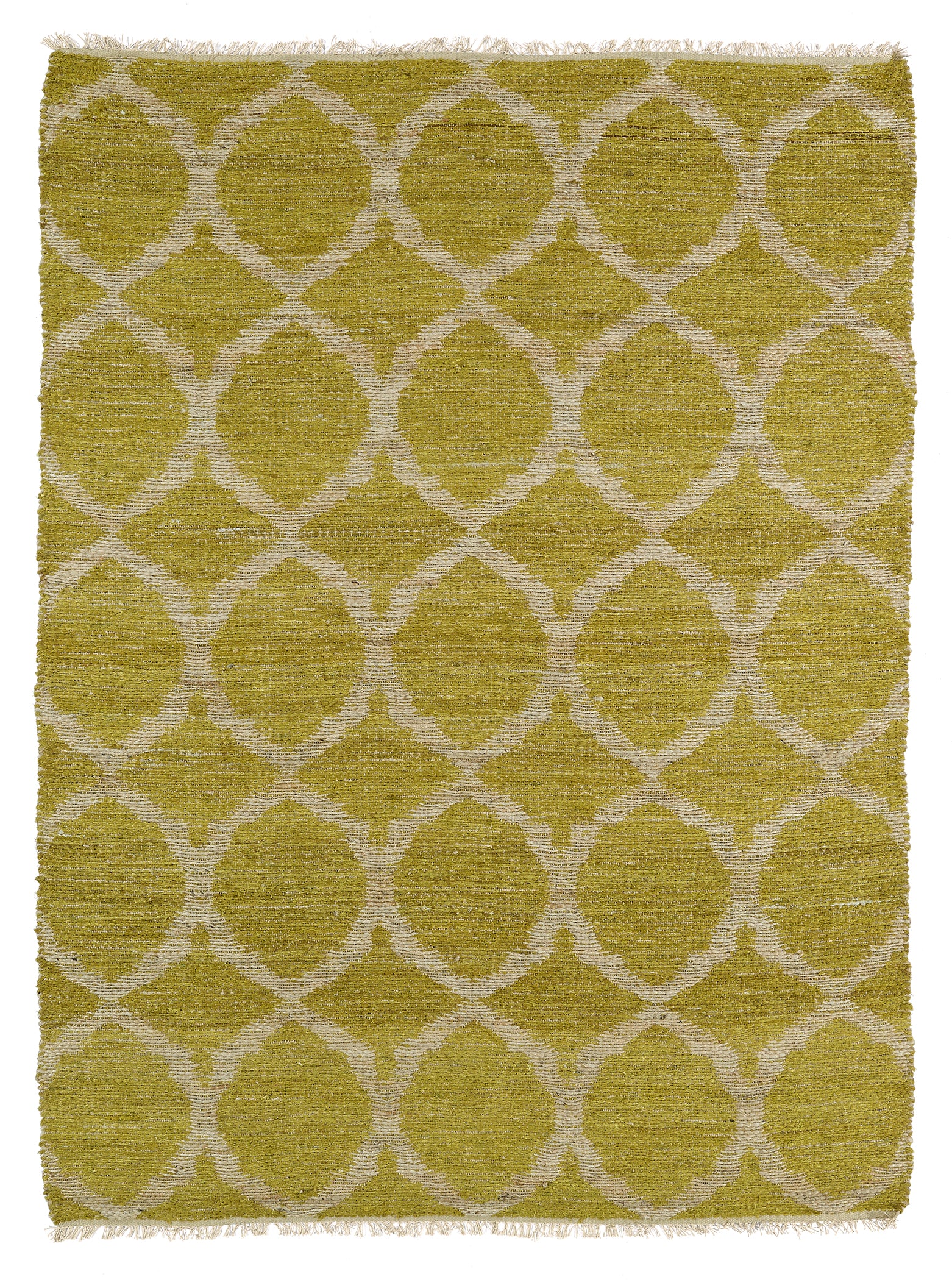 Chunky weave avocado green area rug with offwhite interlocking diamond pattern