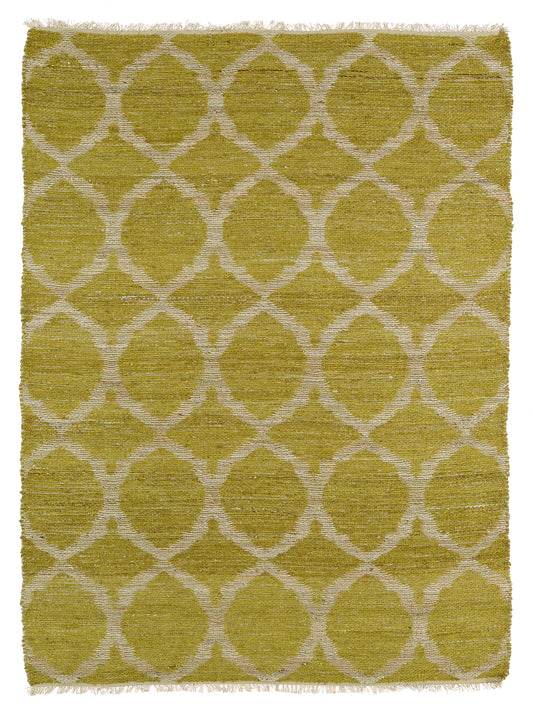 Chunky weave avocado green area rug with offwhite interlocking diamond pattern