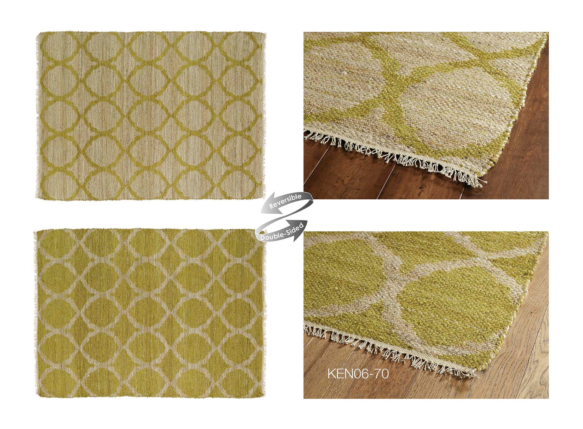 Natural fiber rug with a lime green geometric diamond pattern and fringed edges perfect for modern decor
