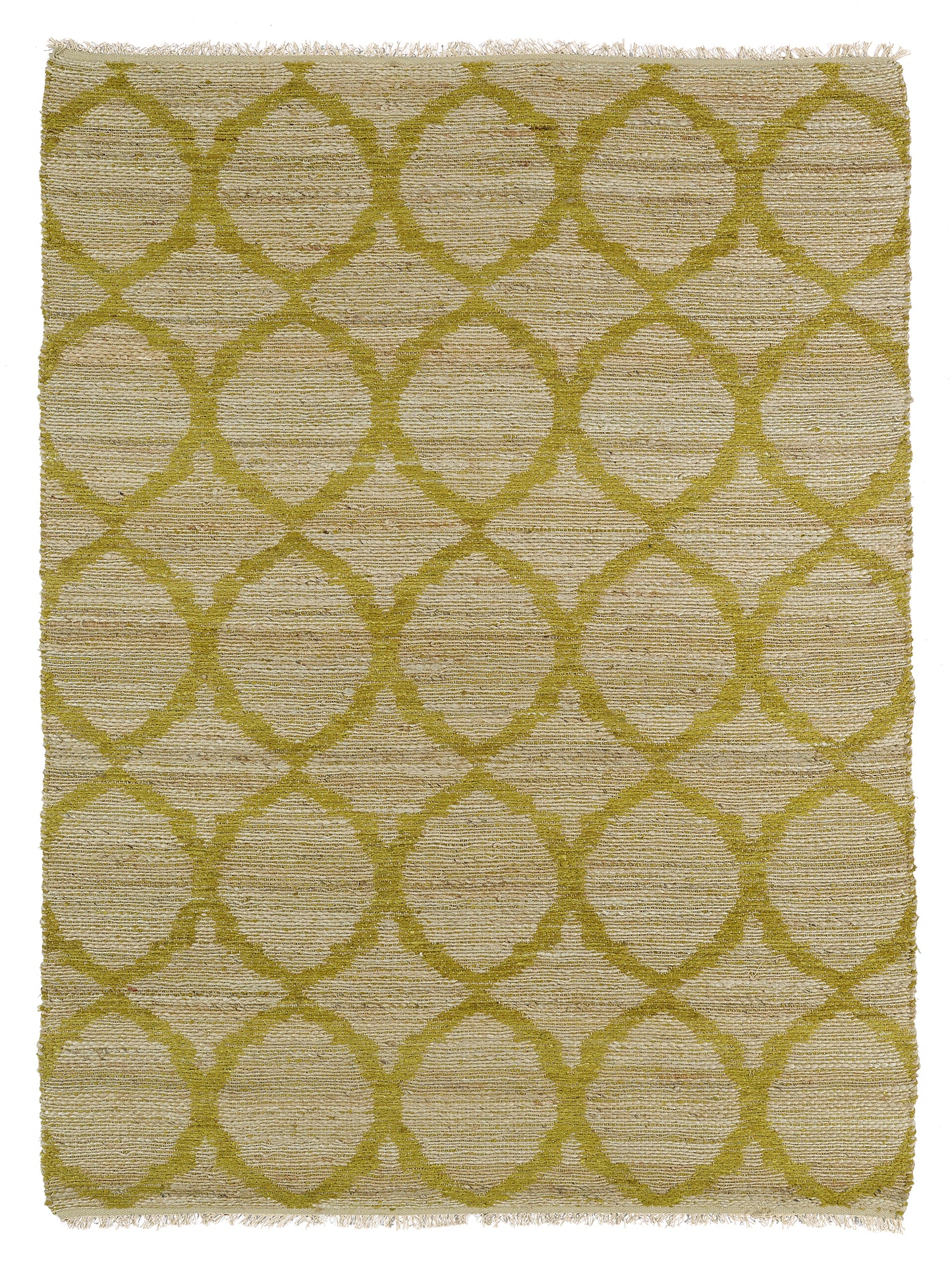 Natural fiber rug with a light gold geometric diamond pattern and frayed edges