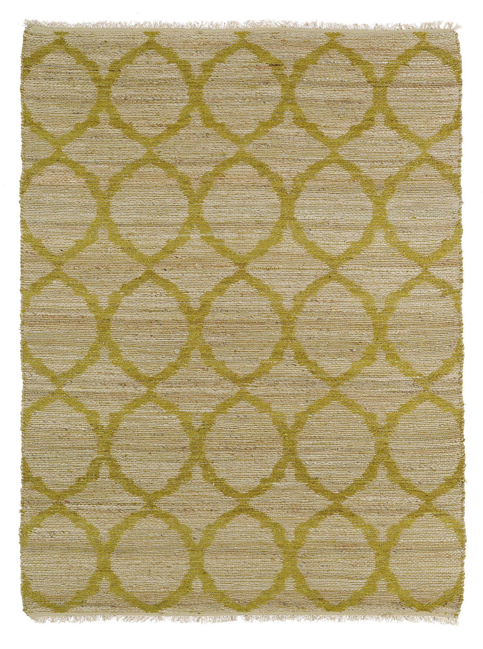 Natural fiber rug with a light gold geometric diamond pattern and frayed edges