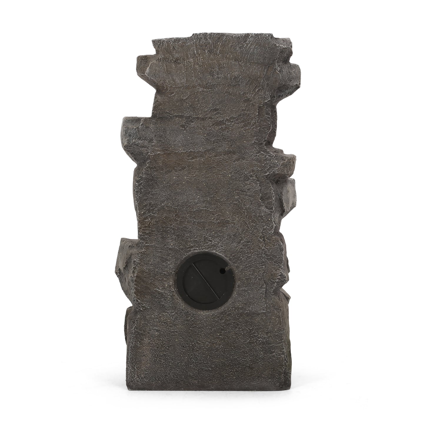 Gray faux rock bird bath pedestal with textured finish and circular access door