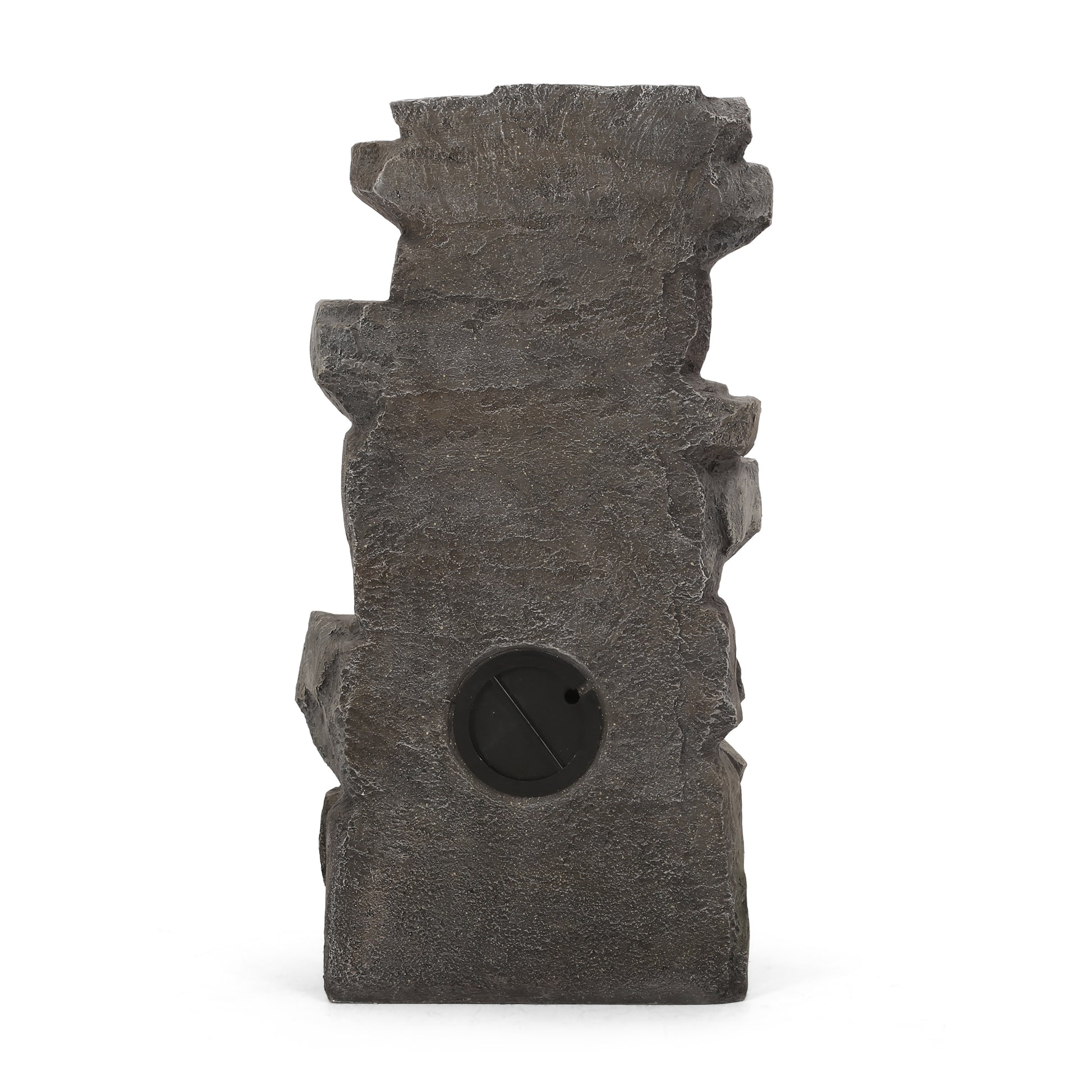 Gray faux rock bird bath pedestal with textured finish and circular access door