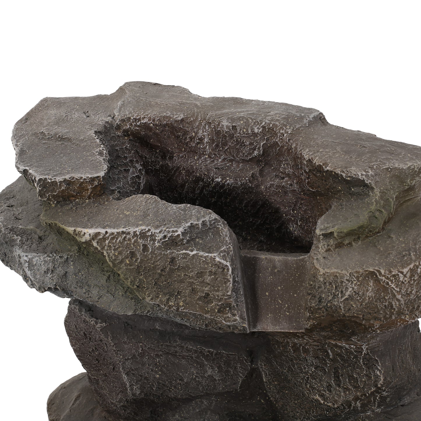 Realistic grey stone fountain top with layered rocks for garden decor