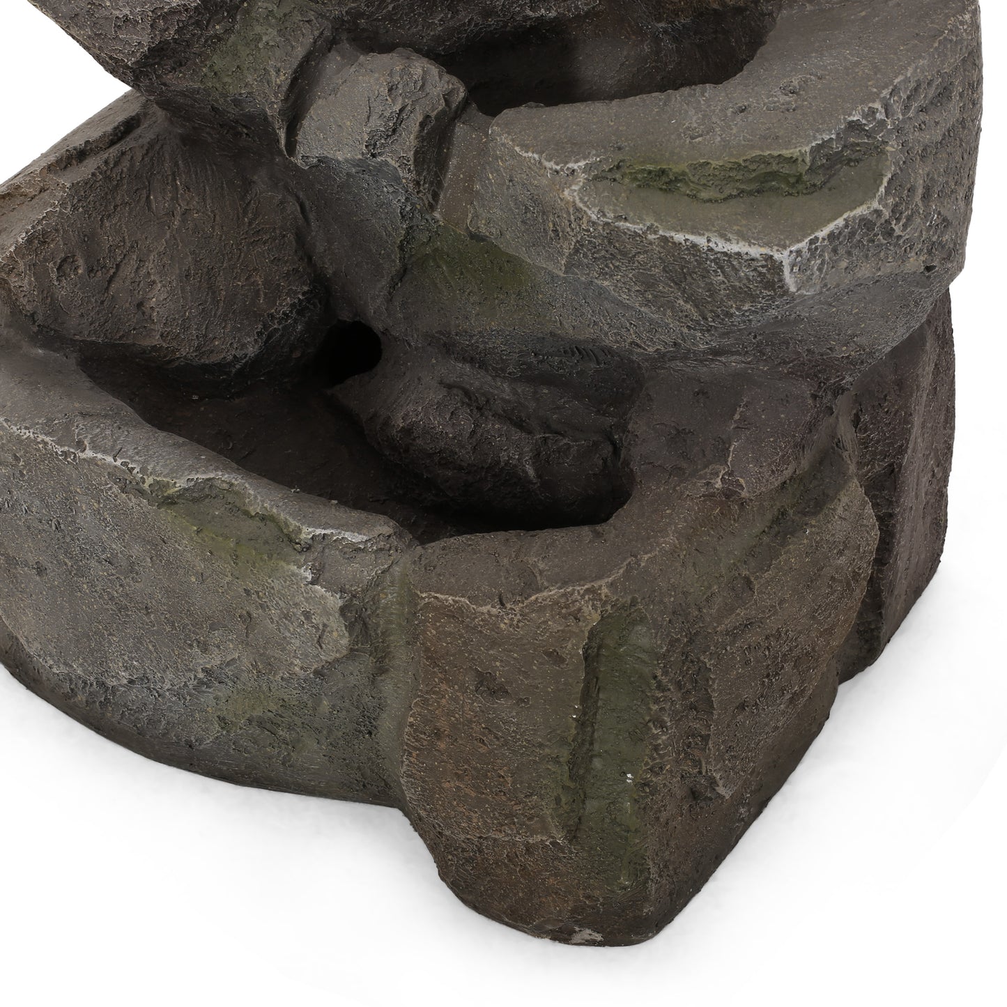 Dark grey textured resin tiered rock formation for outdoor garden fountain