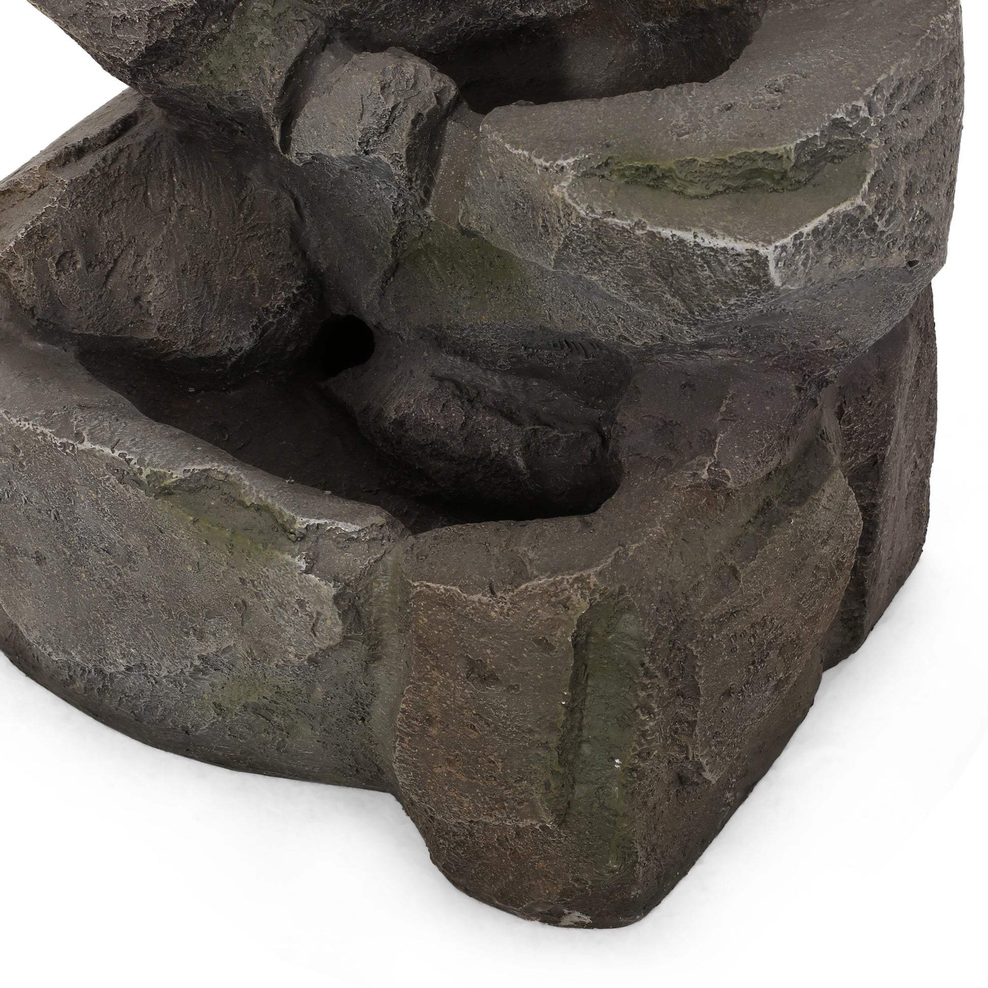 Dark grey textured resin tiered rock formation for outdoor garden fountain