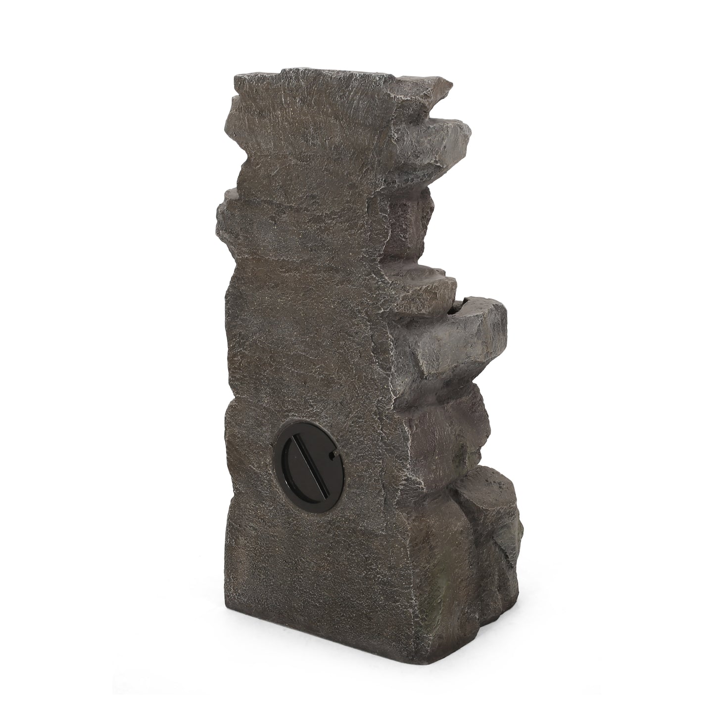 Grey faux rock waterfall fountain with a round access panel