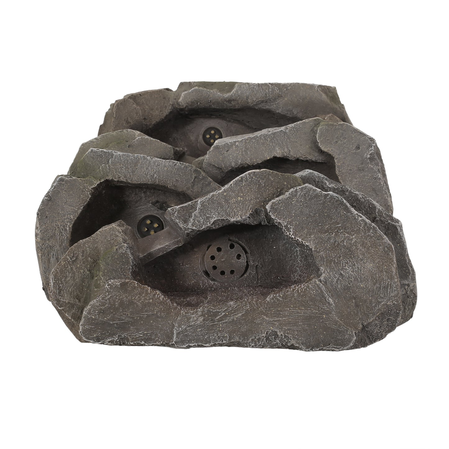 Dark grey textured resin rock cascade fountain with integrated LED lights perfect for garden ponds