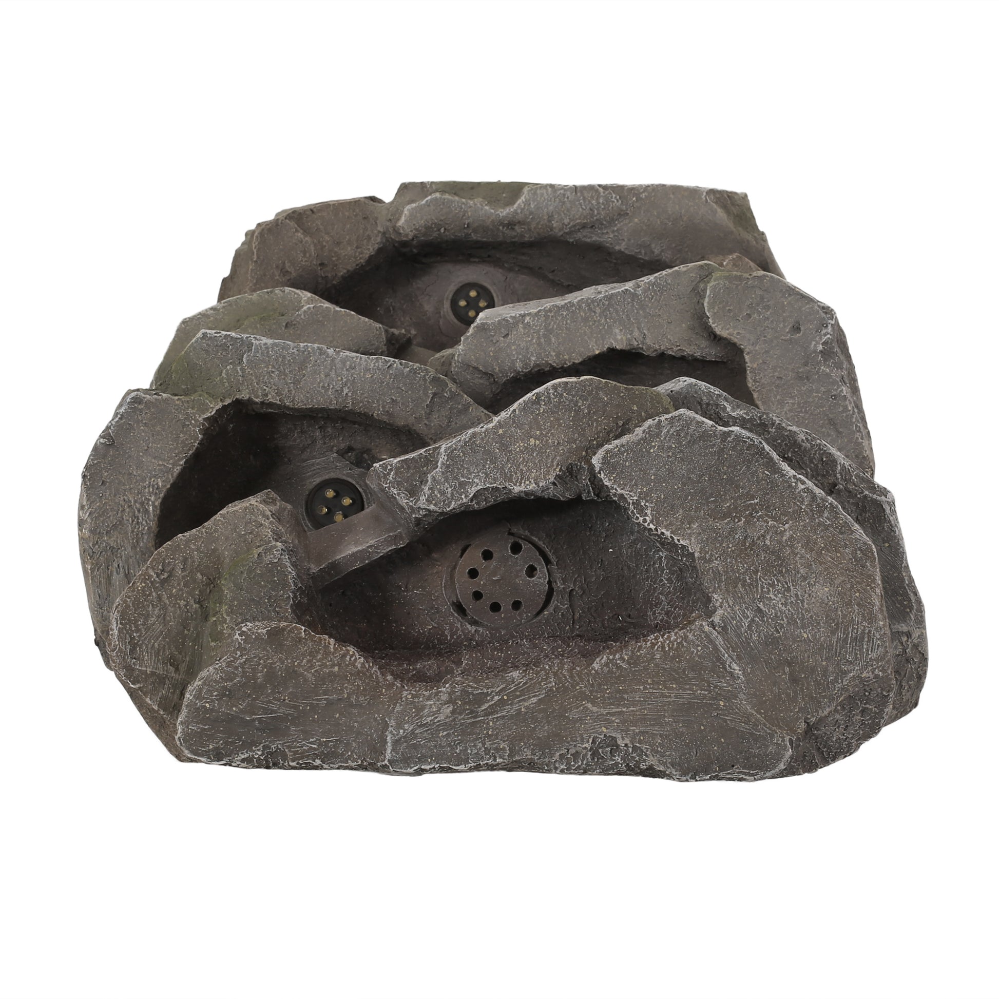 Dark grey textured resin rock cascade fountain with integrated LED lights perfect for garden ponds