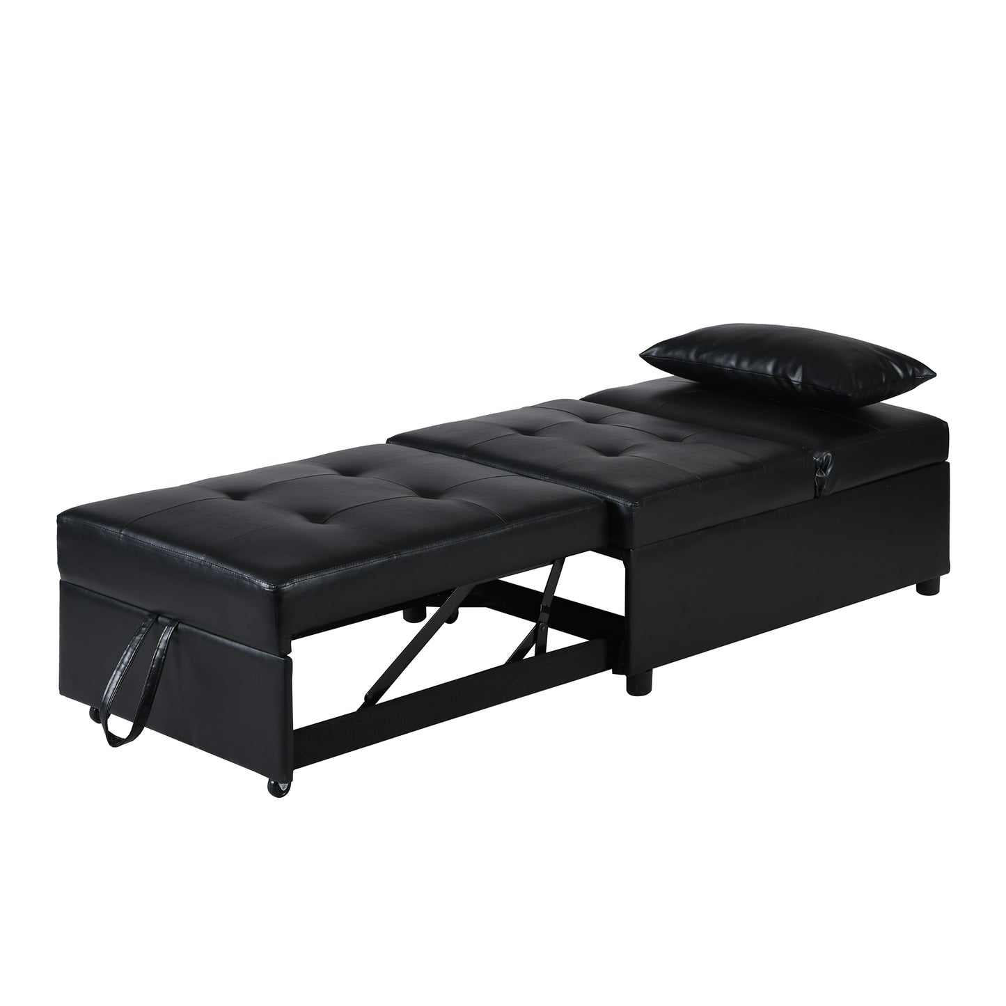 Black faux leather convertible sofa bed with storage and included pillow ideal for small spaces