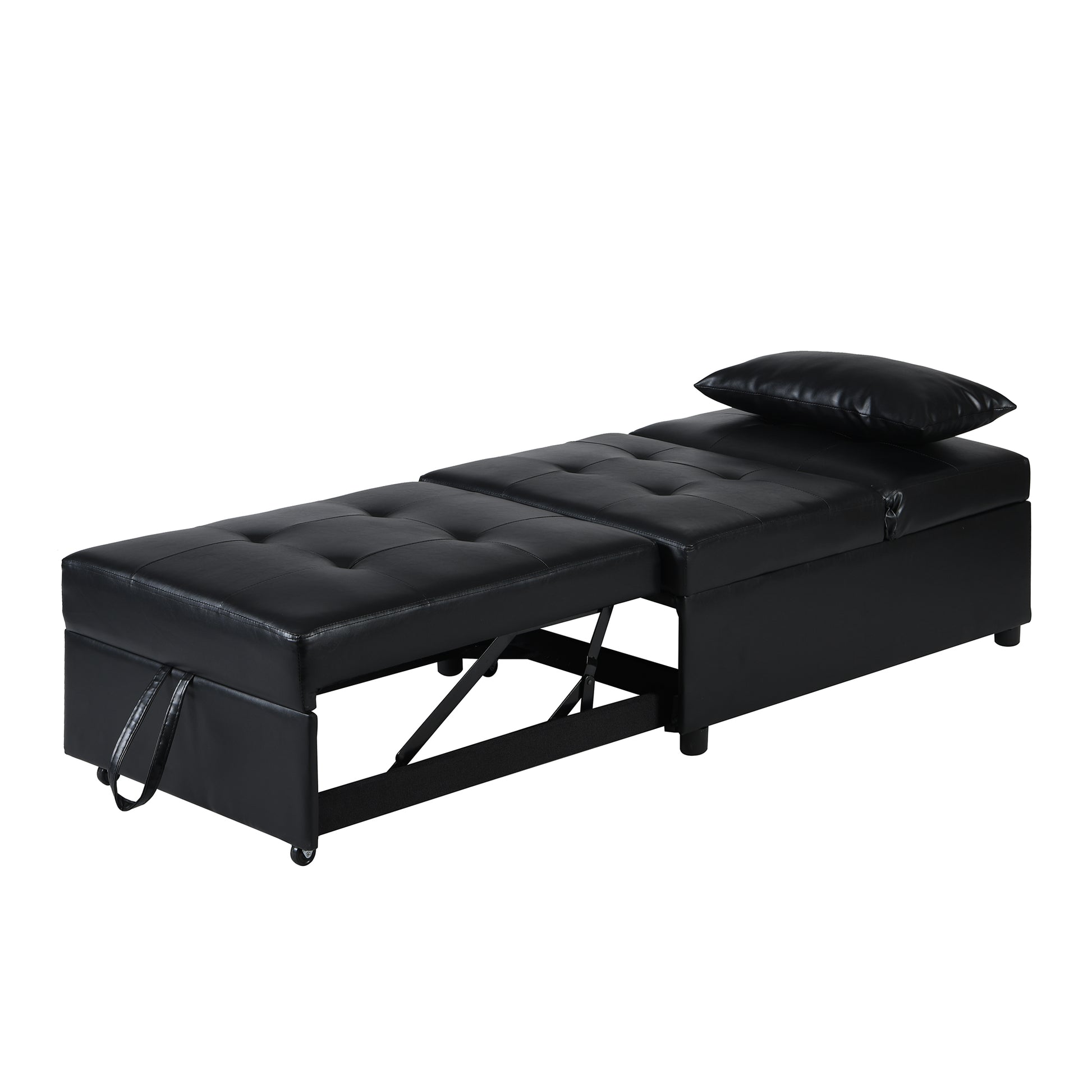 Black faux leather convertible sofa bed with storage and included pillow ideal for small spaces