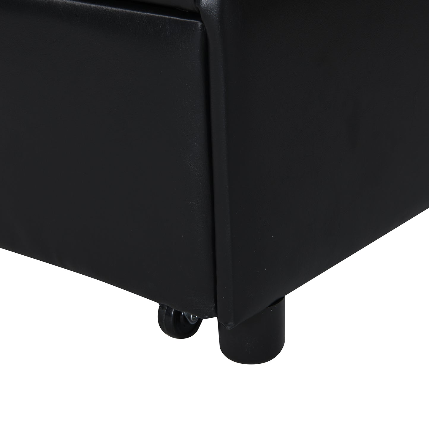 Black faux leather storage ottoman with wheels and legs