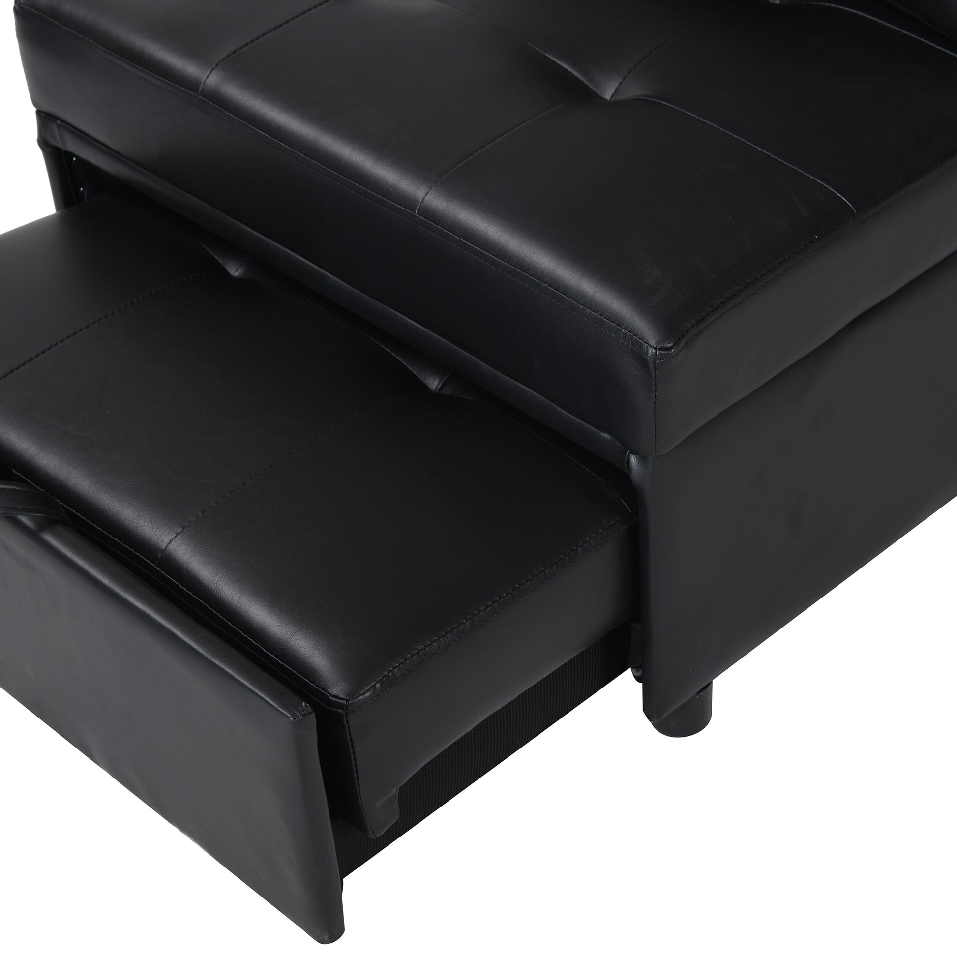 Black faux leather sofa with pullout ottoman modern design