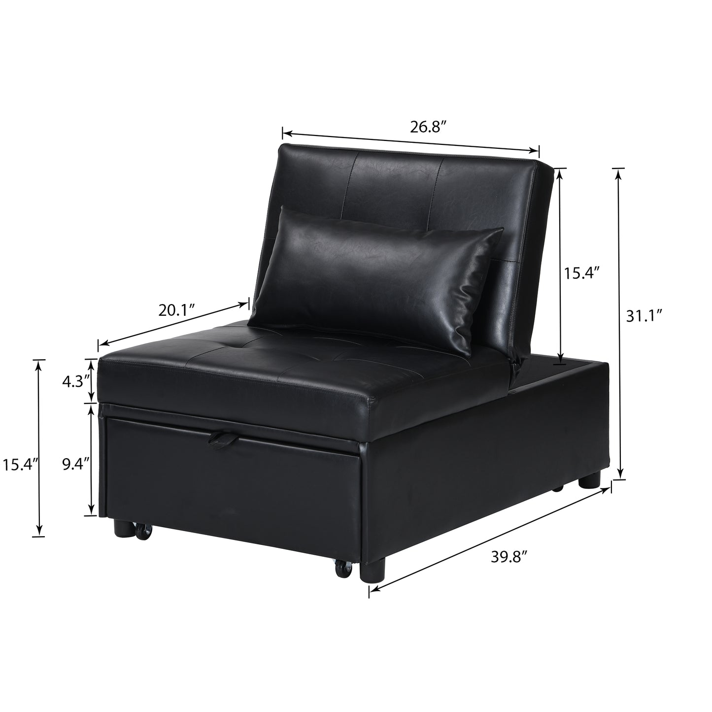 Black faux leather convertible chair with hidden storage and wheels