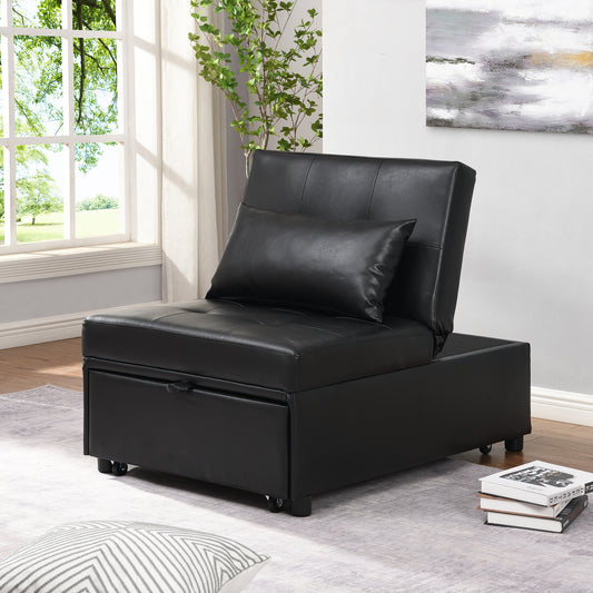 Black faux leather armchair sleeper with tufted back and hidden storage compartment