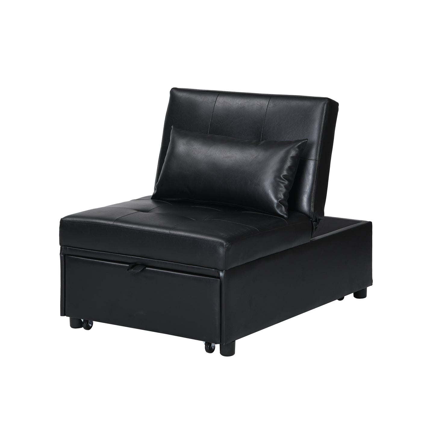 Black faux leather armchair with storage and hidden bed function