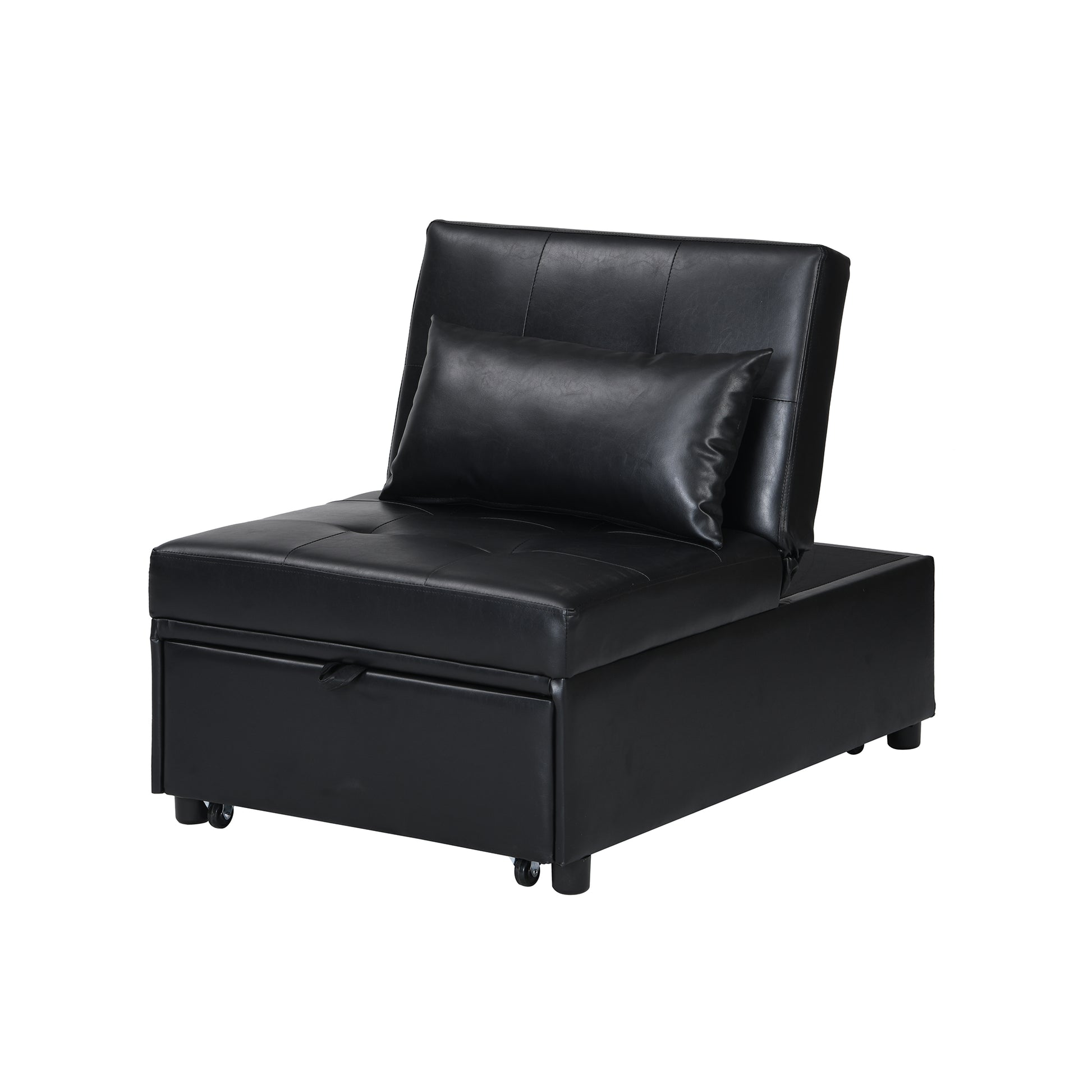 Black faux leather armchair with storage and hidden bed function