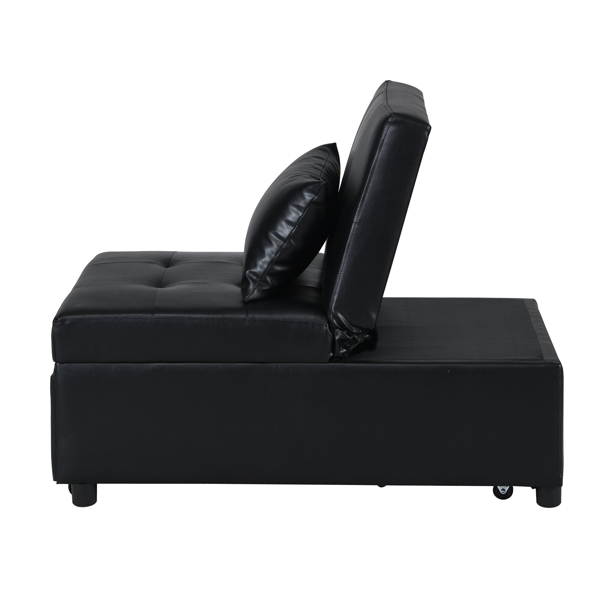 Black faux leather convertible sofa with tufted seat and storage