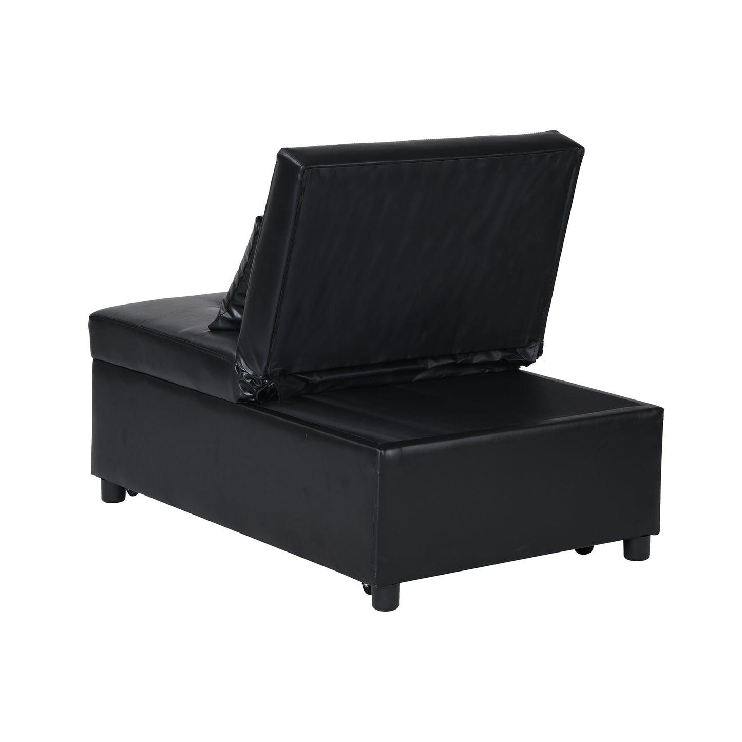 Black faux leather storage ottoman opens to reveal spacious interior for blankets