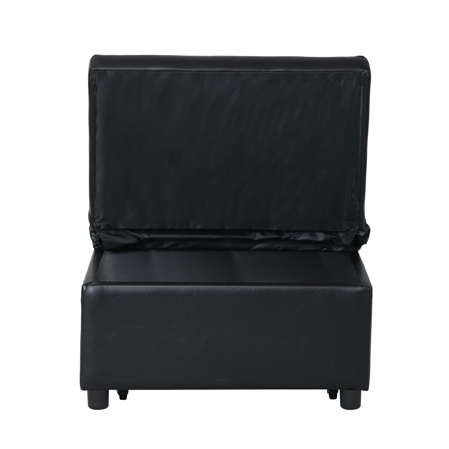 Black faux leather armchair with padded seat and back