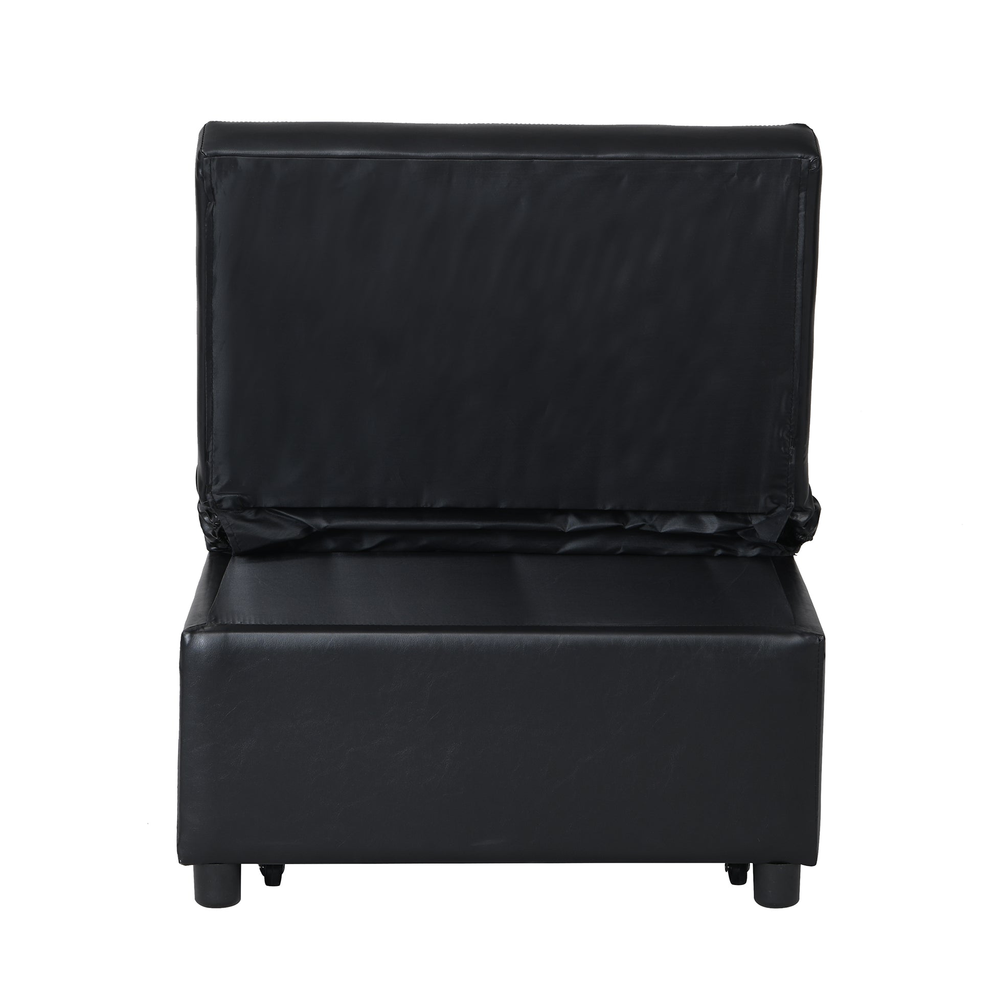 Black faux leather armchair with padded seat and back