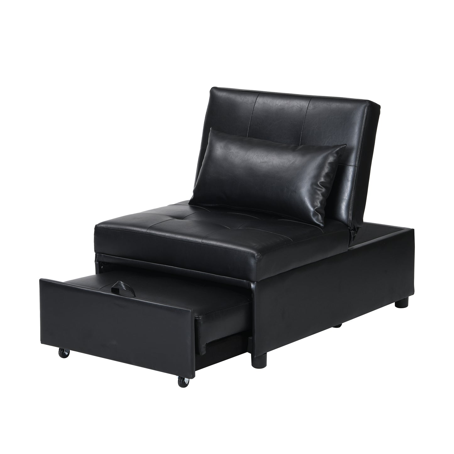 Black leather convertible sleeper chair with pullout trundle bed for guests