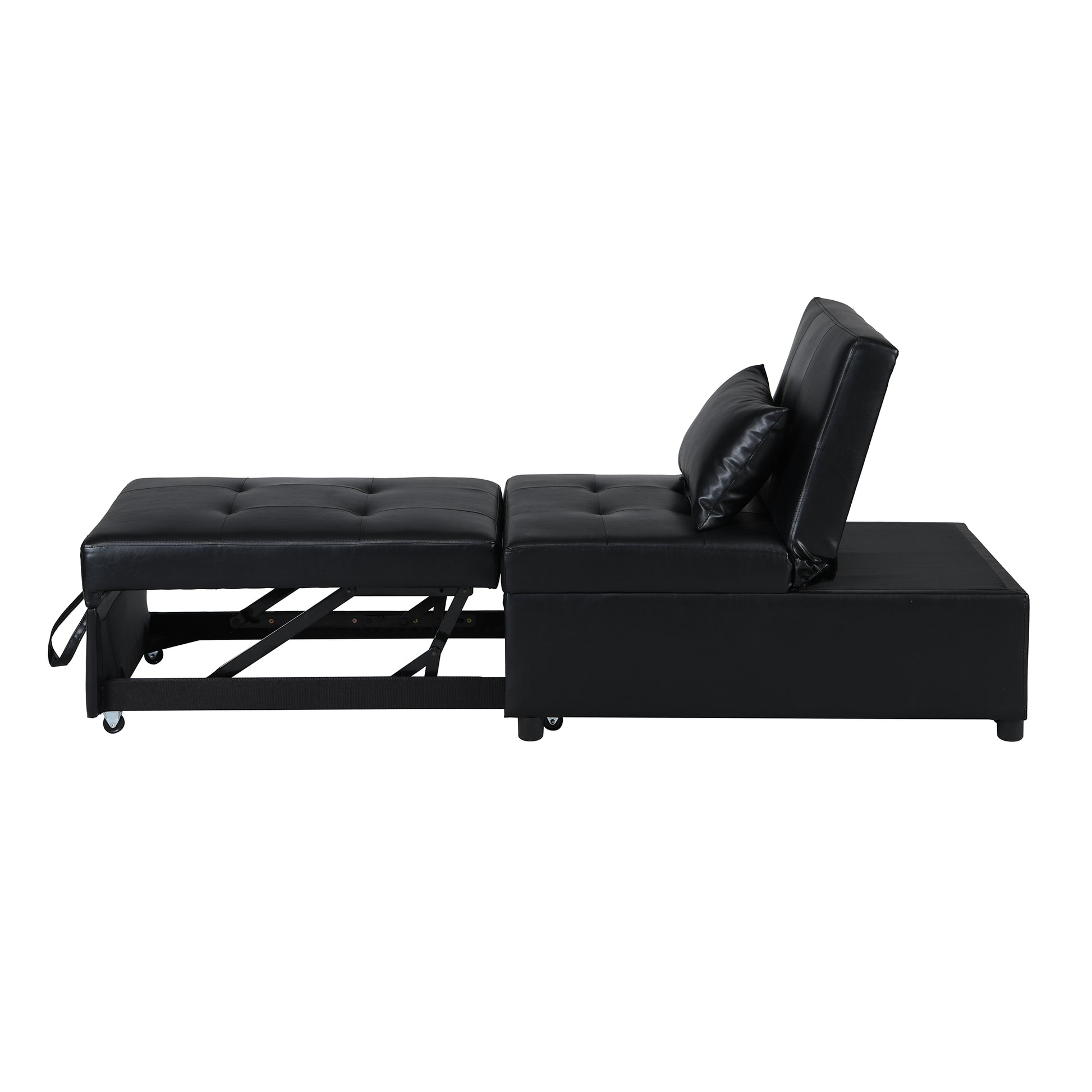 Black faux leather futon sofa with pullout ottoman and tufted cushions