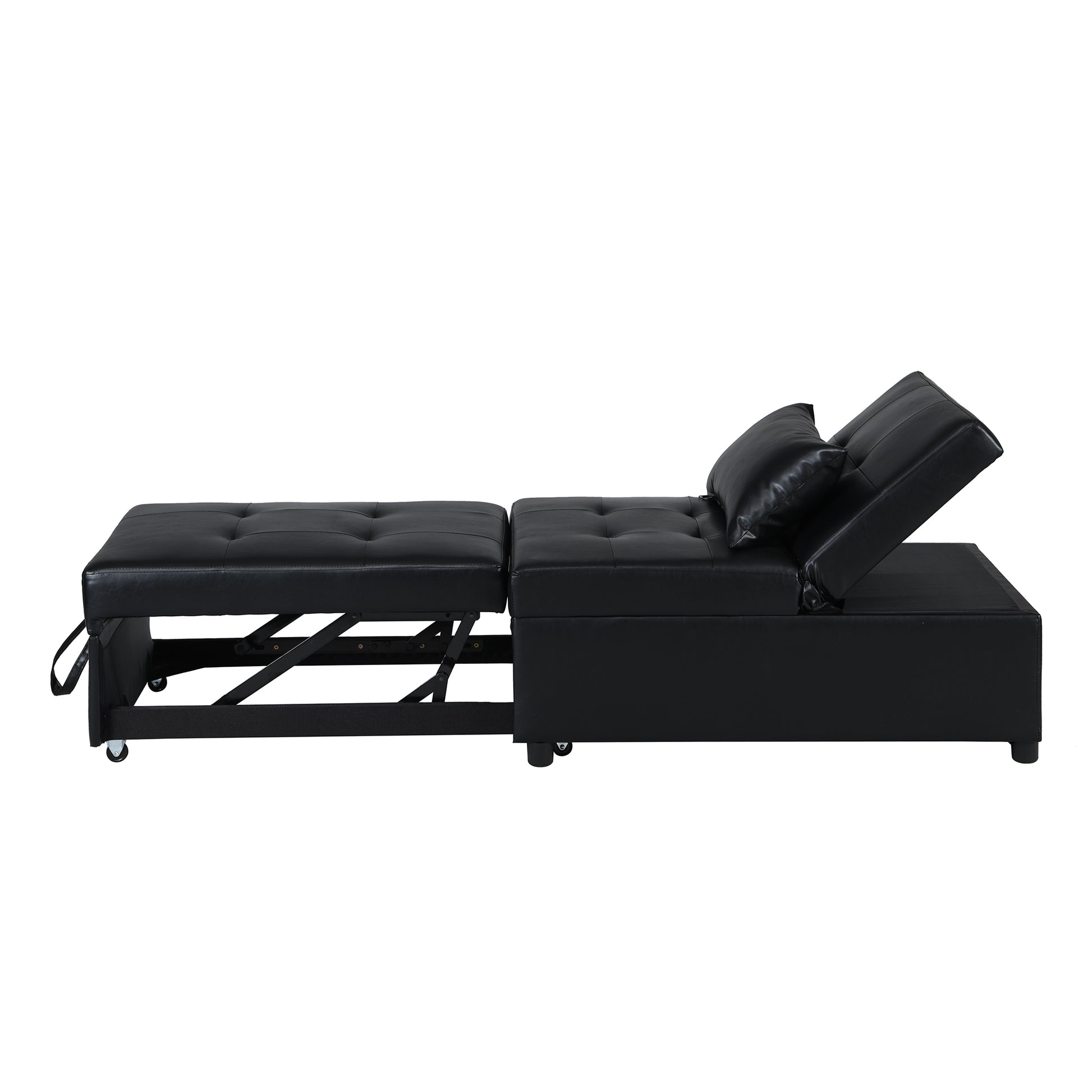 Black faux leather sofa bed with tufted cushions and a pullout ottoman perfect for small spaces