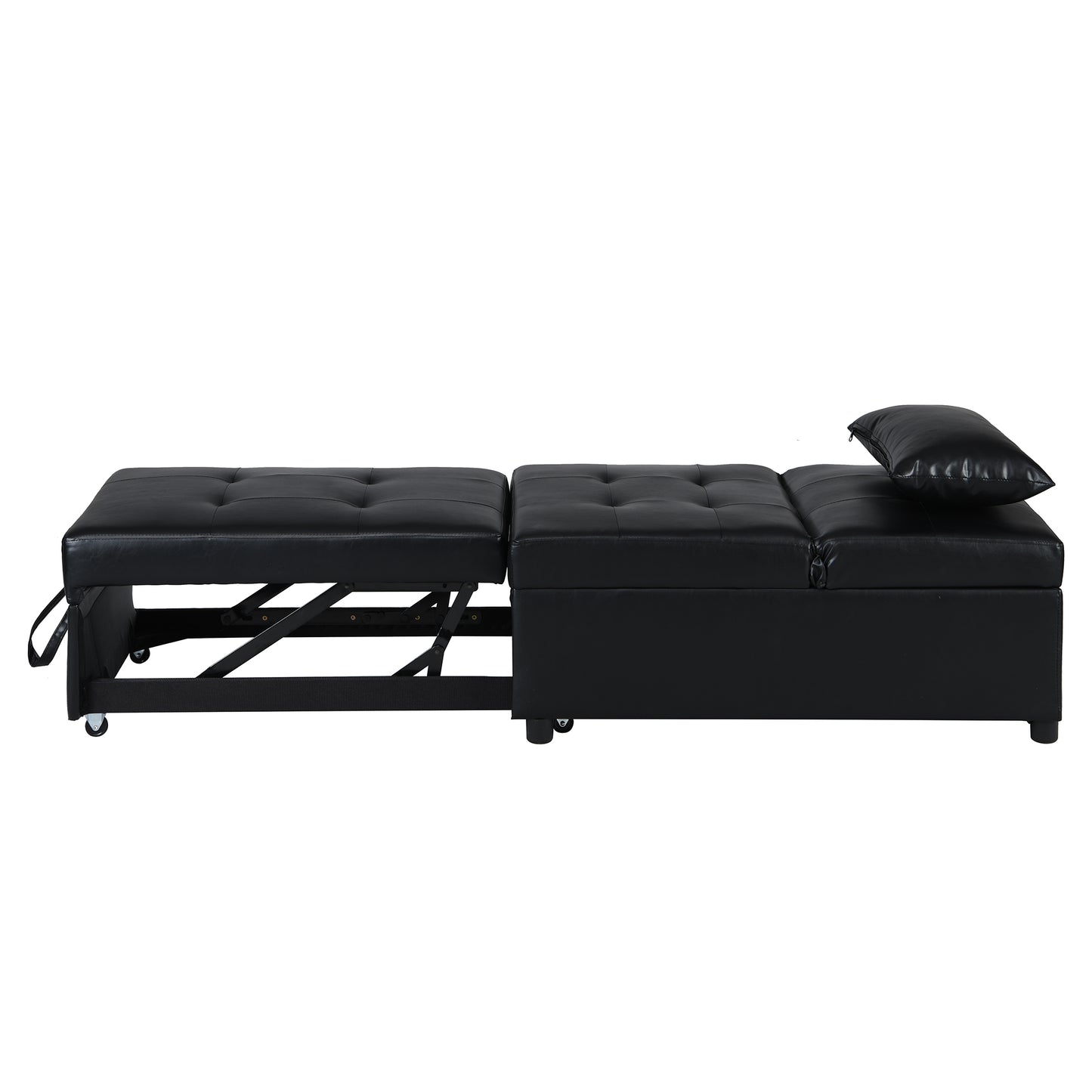 Black faux leather convertible sofa bed with tufted cushions and storage