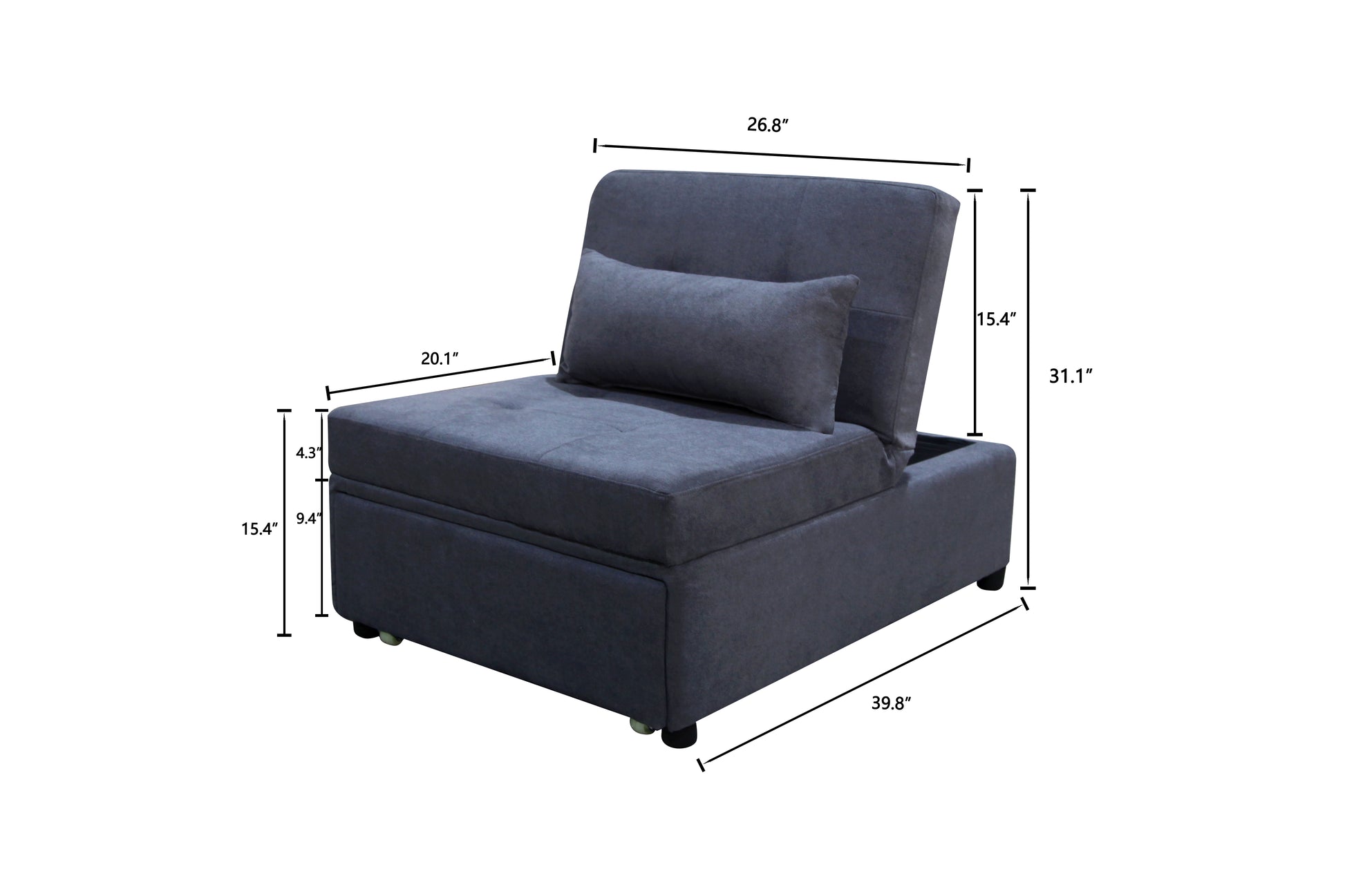 Dark grey fabric convertible chair with storage and adjustable back