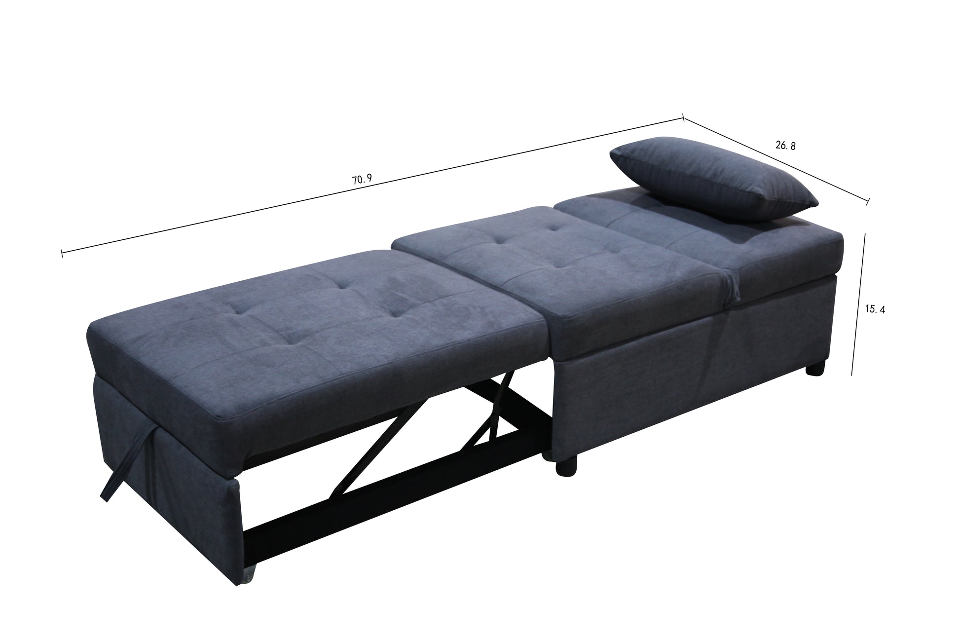 Dark gray tufted fabric sofa bed extended to reveal its structure and dimensions