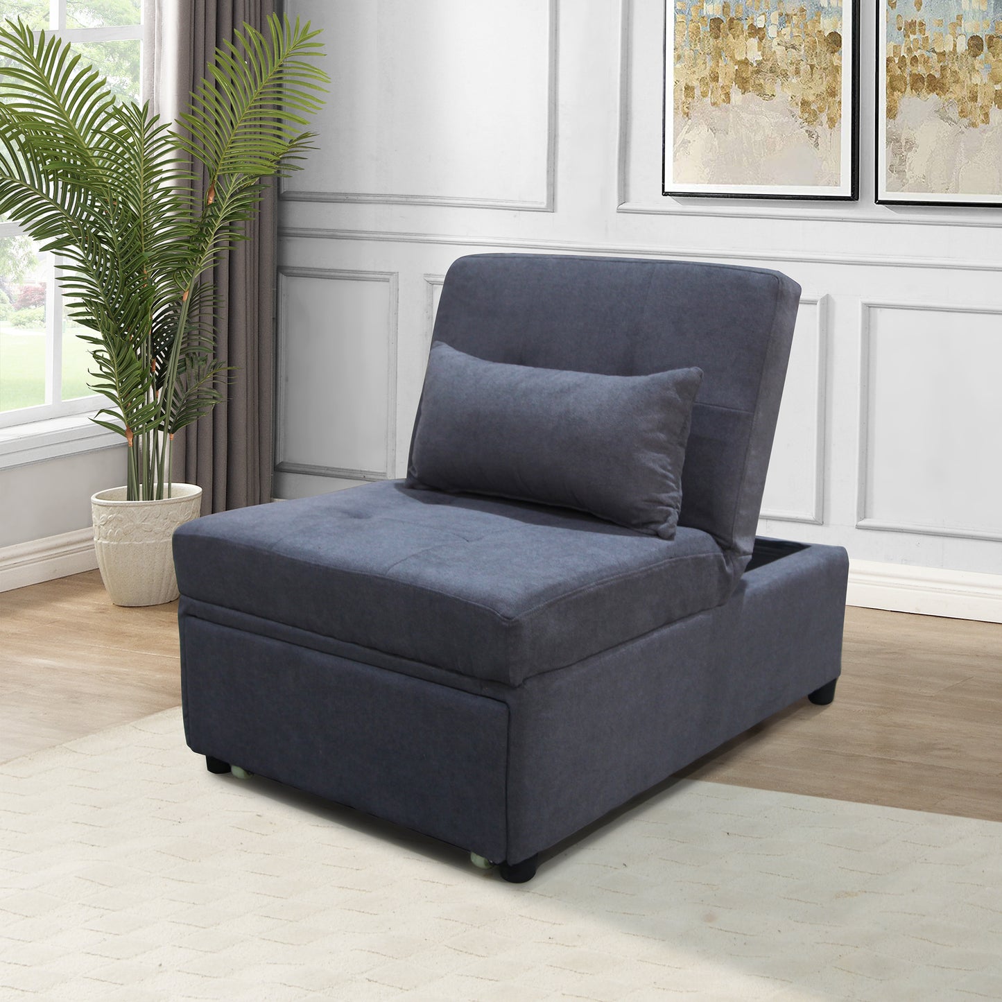 Dark grey fabric sleeper chair with hidden storage ideal for small spaces