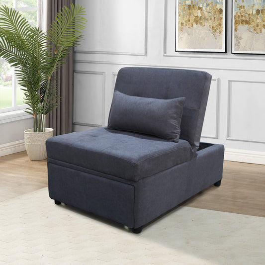 Dark grey fabric sleeper chair with hidden storage ideal for small spaces