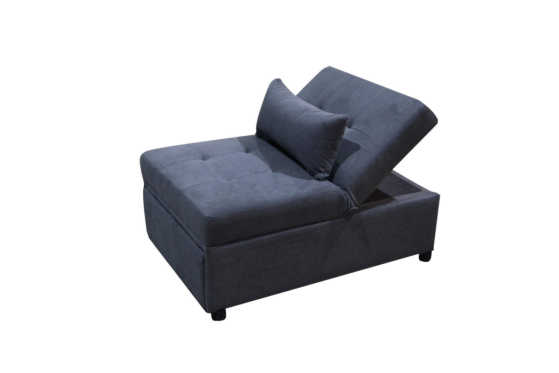 Dark grey upholstered chaise lounge with tufted seat and storage