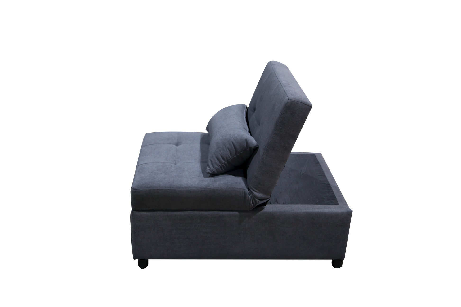 Dark grey fabric sleeper sofa with storage featuring a tufted seat and one pillow