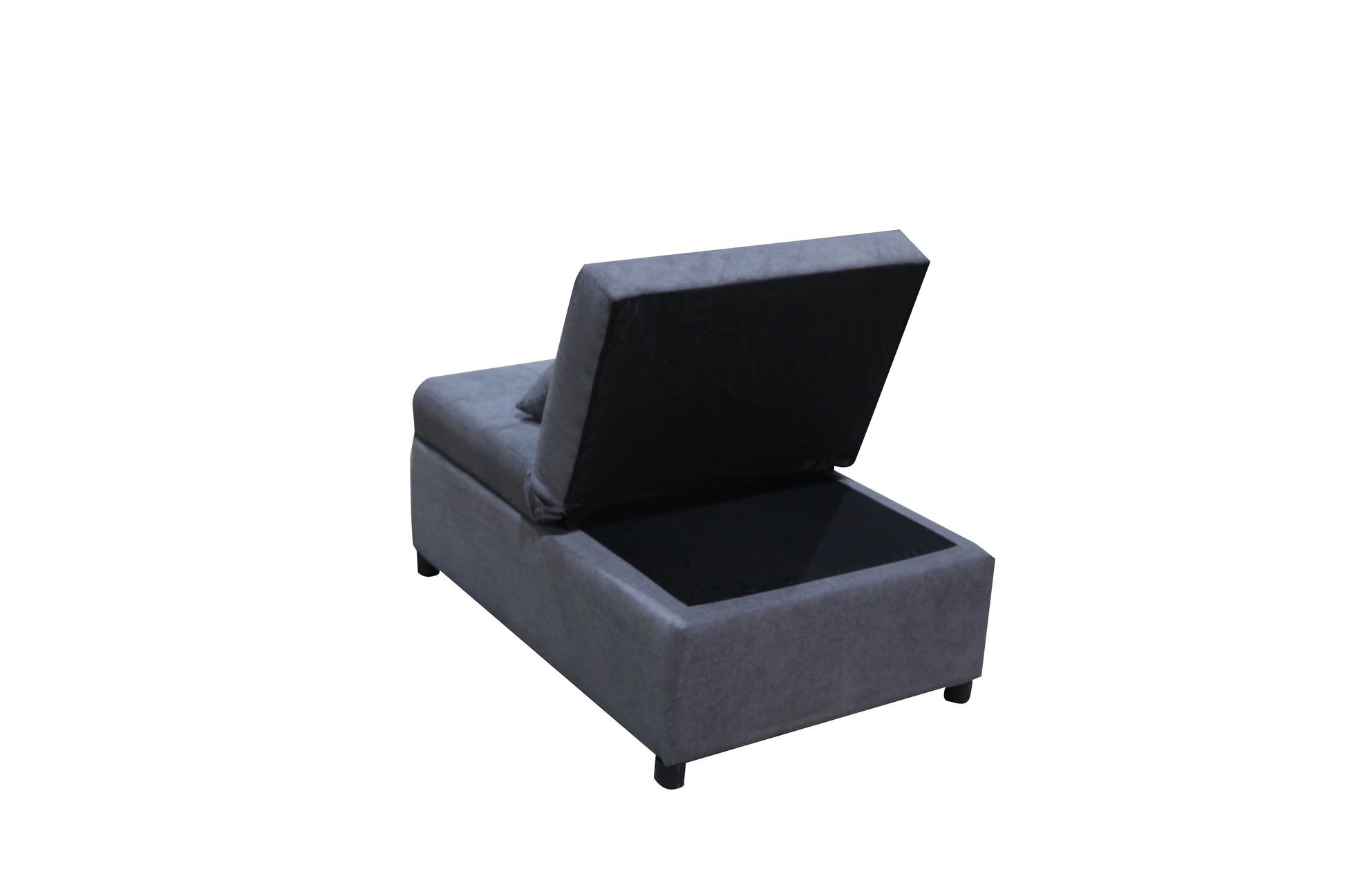 Grey fabric storage ottoman with lid open revealing spacious interior for blankets