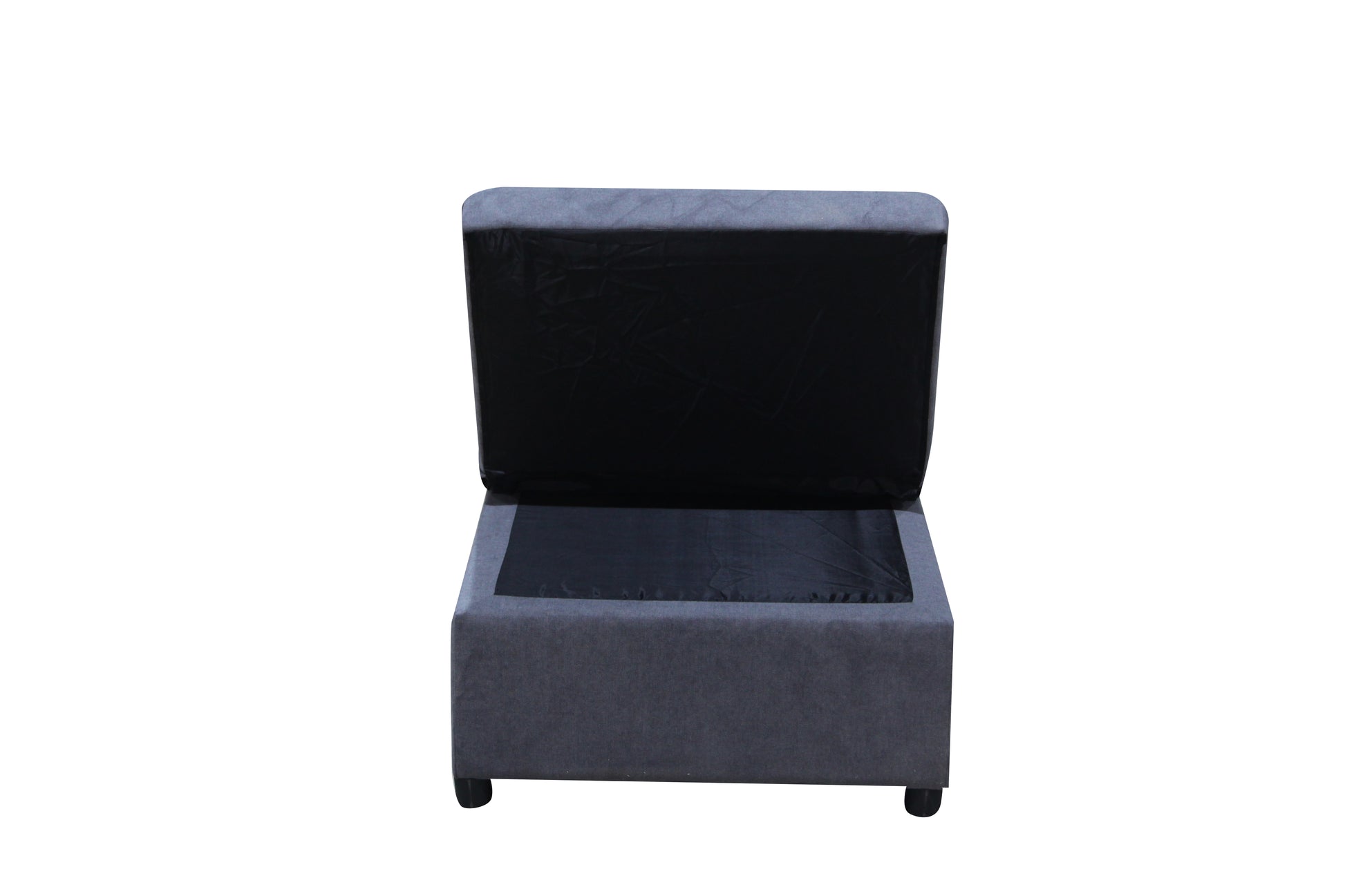 Dark grey fabric storage ottoman with hinged lid open revealing black interior