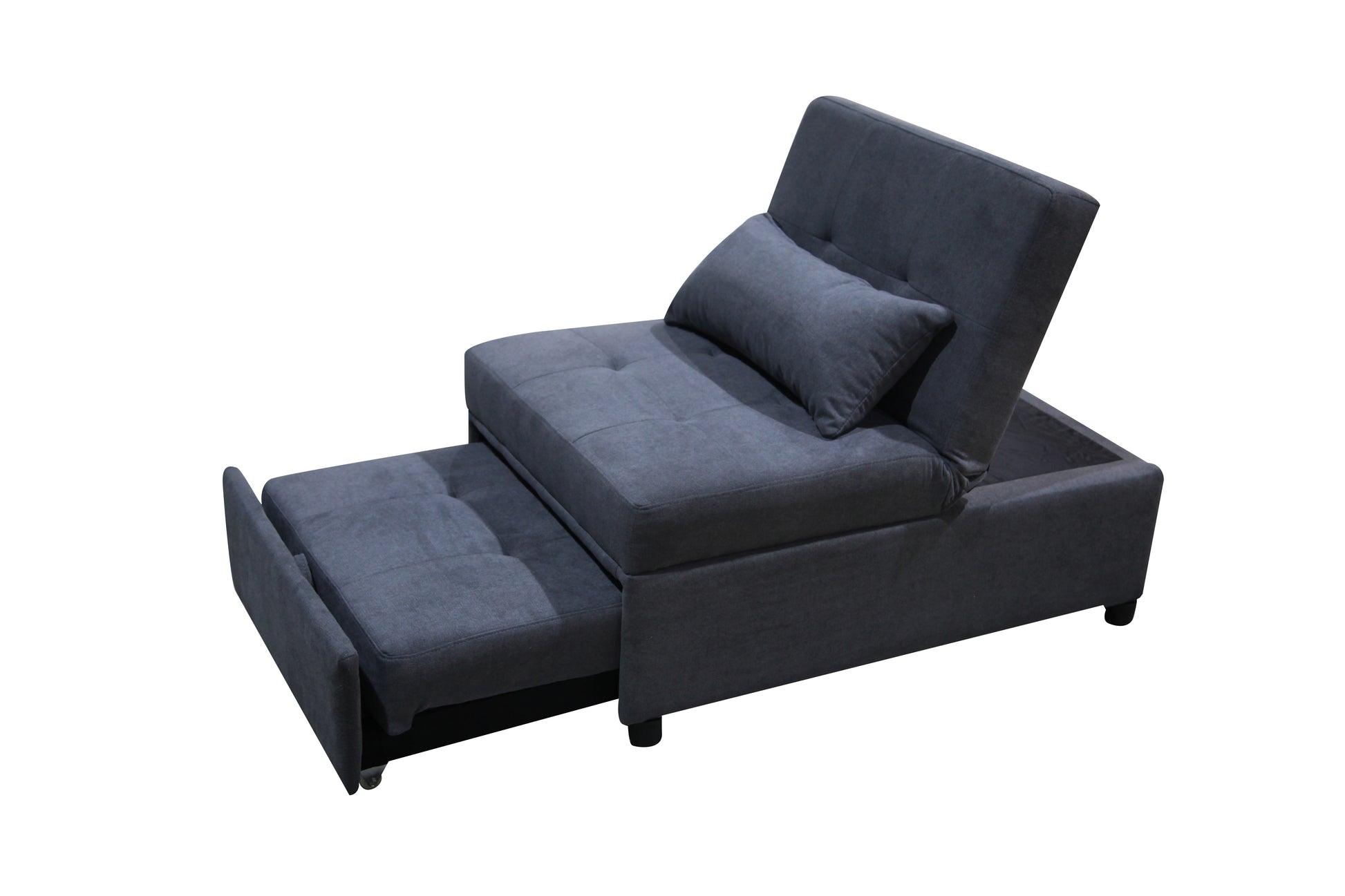 Dark gray fabric sofa bed with pullout ottoman and storage compartment