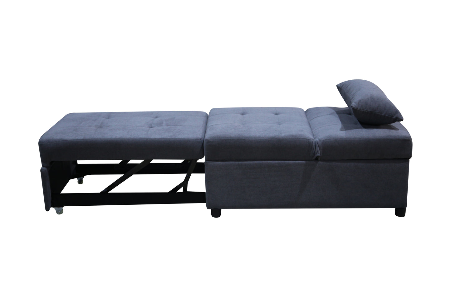 Dark gray upholstered sofa bed with tufted cushions and extended chaise lounge
