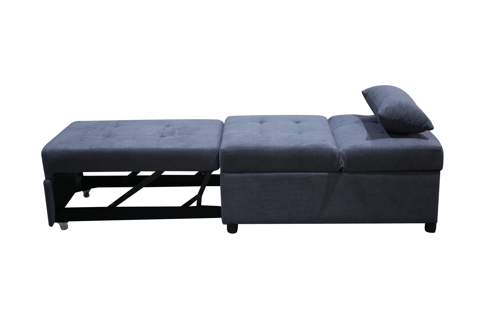 Dark gray upholstered sofa bed with tufted cushions and extended chaise lounge